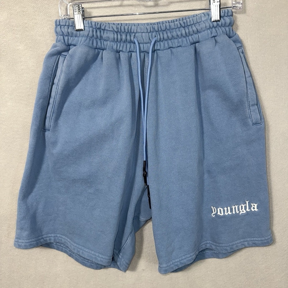YoungLA Sweat Shorts Blue Drawstring Logo Stretch Lounge Athleisure Mens Medium - Picture 1 of 8